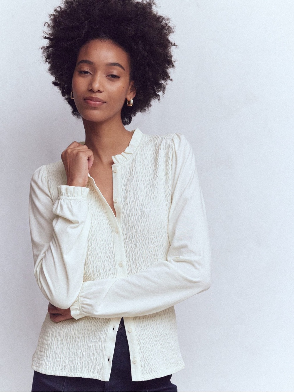 Boden | Supersoft Smocked Button Top | Ivory | NWT | 4